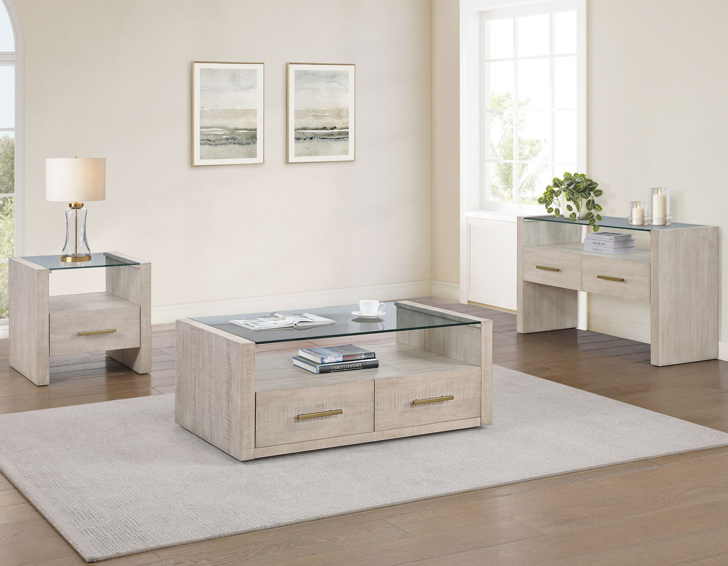 Garland Castered Glass Top Coffee Table - Washed Parchment