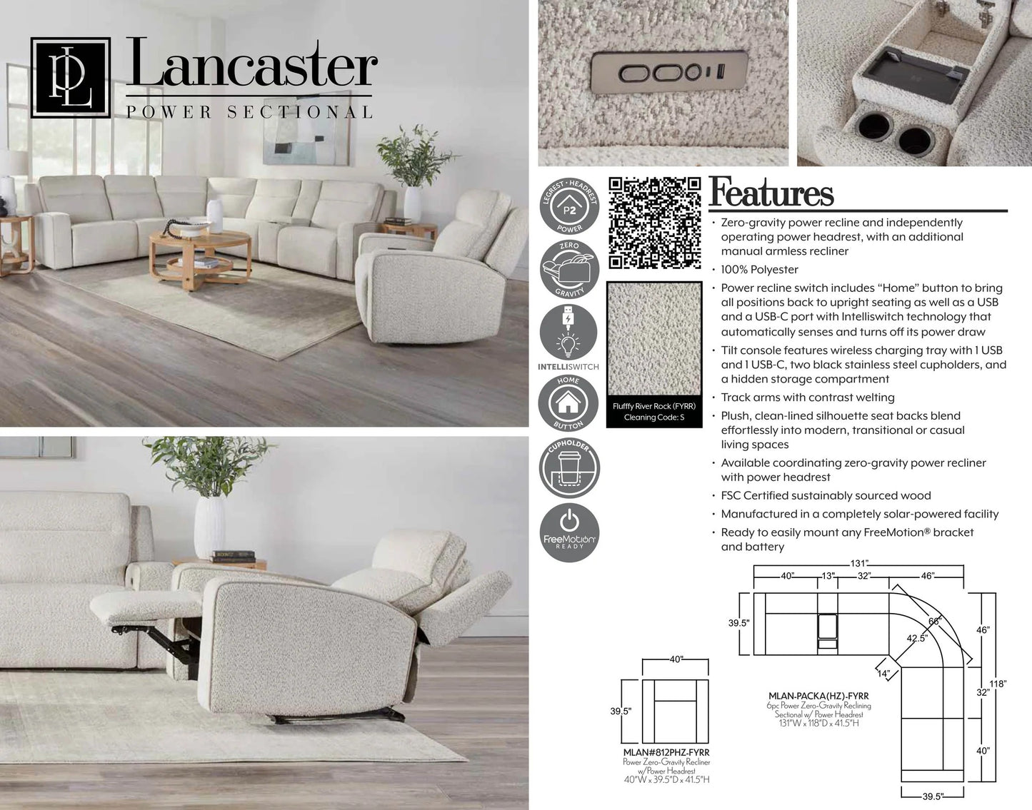 Lancaster 6-Piece Zero Gravity Modular Power Reclining Sectional