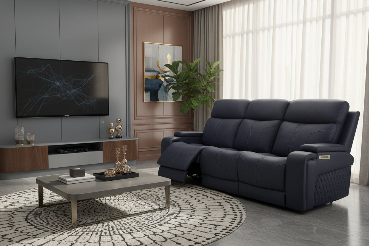 Modern living room with a black sofa, coffee table, and wall-mounted TV.